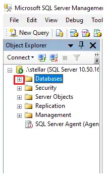Object Explorer pane after connecting to the server