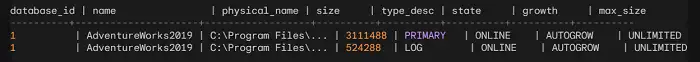 Sample Output for sys.database_files view