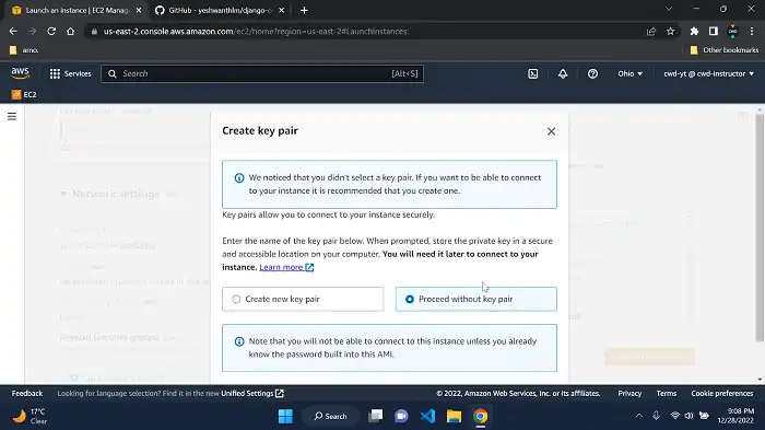 choose Proceed without key pair when prompted