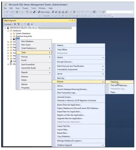 choose Tasks  Restore  Database