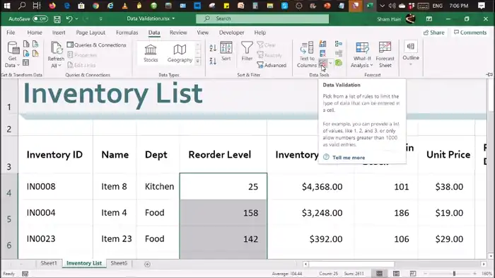 Data Validation option