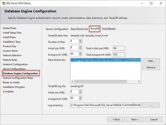 Database Engine Configuration Tmpdb Full