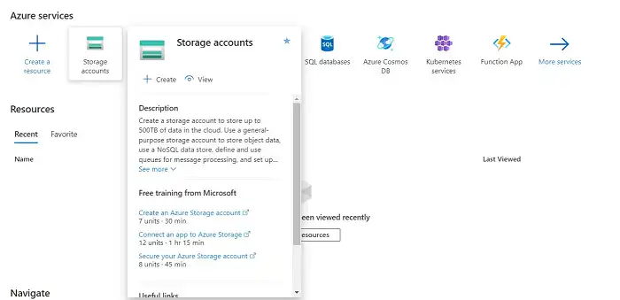 Storage account in Azure Portal