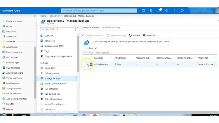 Select the SQL database you want to backup