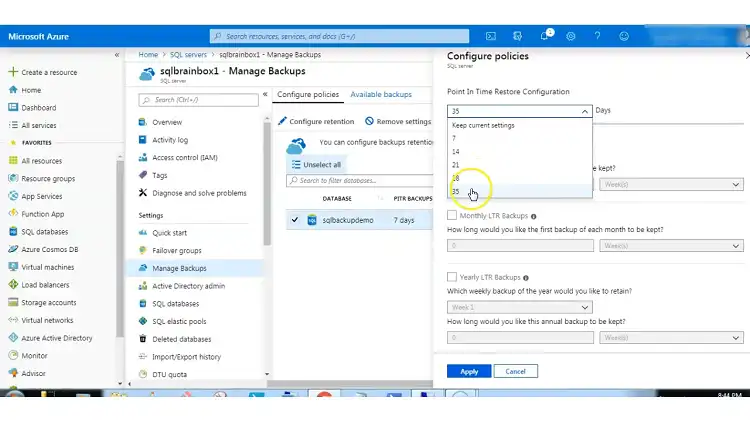 Select the SQL database you want to backup
