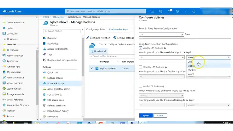 Select the SQL database you want to backup