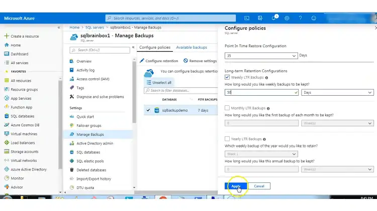 Select the SQL database you want to backup