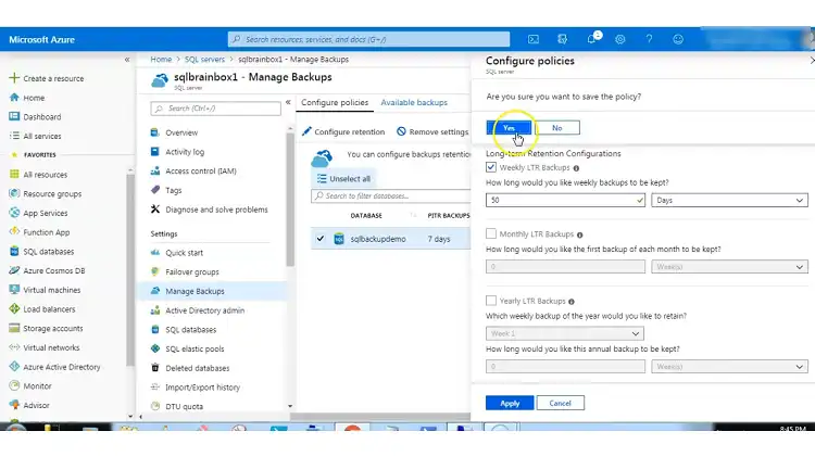 Select the SQL database you want to backup