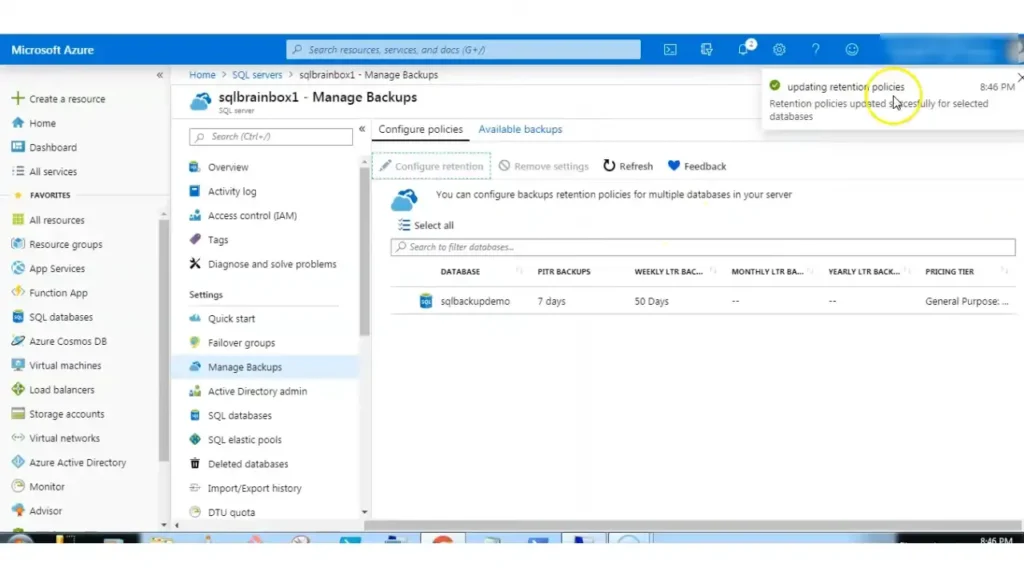 Select the SQL database you want to backup